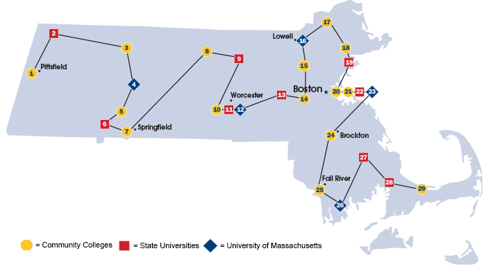 Map of Massachusetts showing community colleges, state universities, and umass campuses