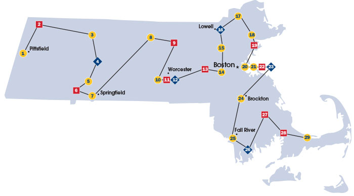 Map of Massachusetts showing community colleges, state universities, and umass campuses