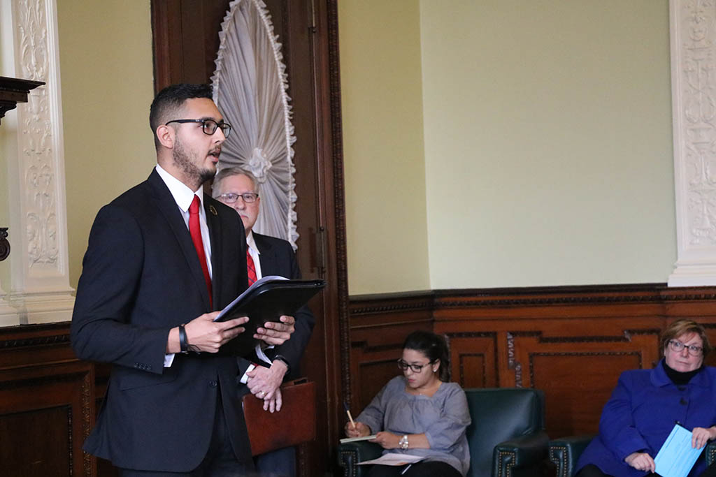 Bridgewater State University student Marco Cobar (Chair, Student Advisory Council) told legislators about his personal experience with having to drop a course due to being unable to afford the textbook.