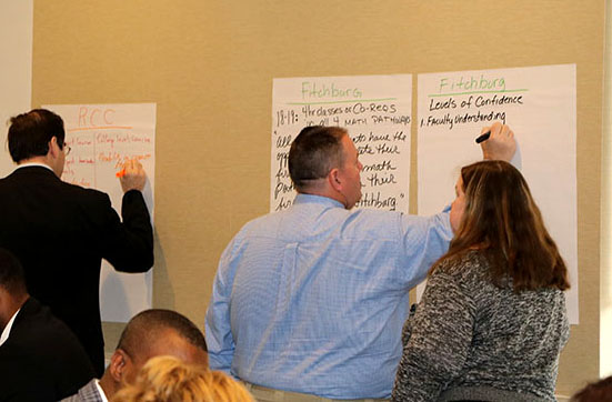 Campus teams working on posters describing their co-requisite models during a breakout session