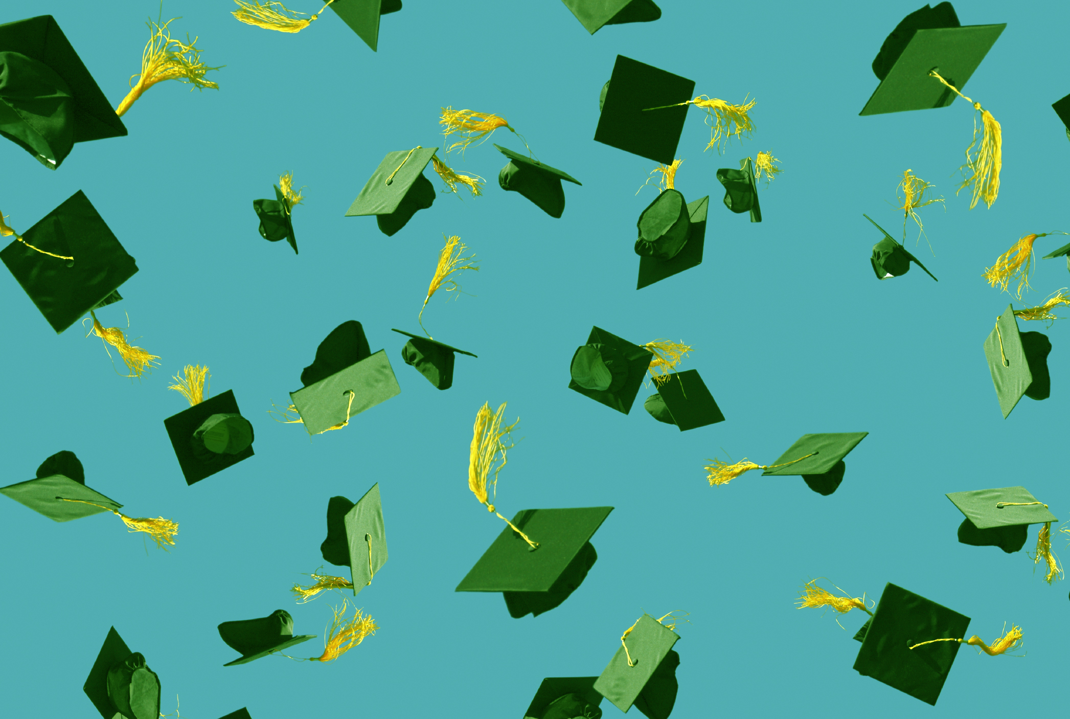 Twenty graduation caps with gold tassels suspended in air against a blue sky
