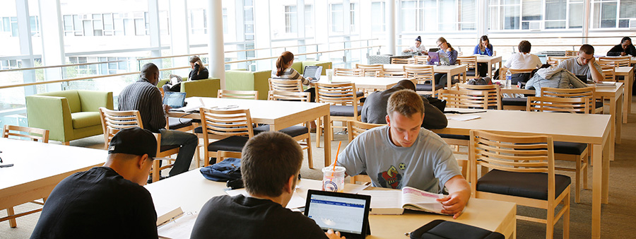Salem State University students working in the library