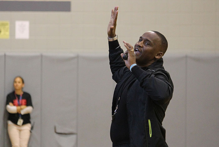 Coach D speaking to students at Normandin Middle School in New Bedford