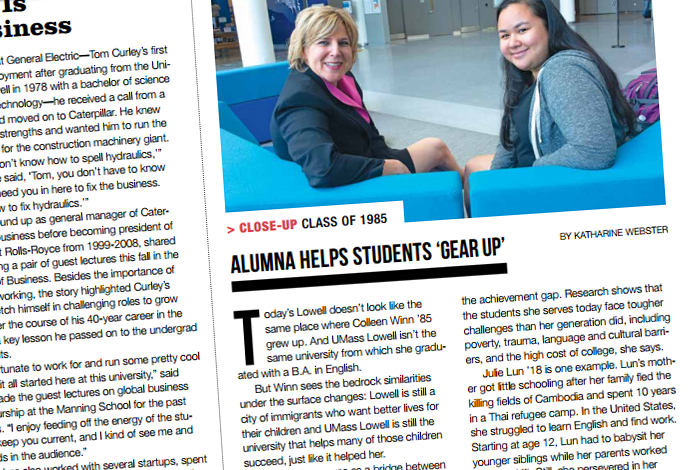 Screenshot of UMass Lowell Article titled 'Alumna Helps Students GEAR UP' - text the same as story below.