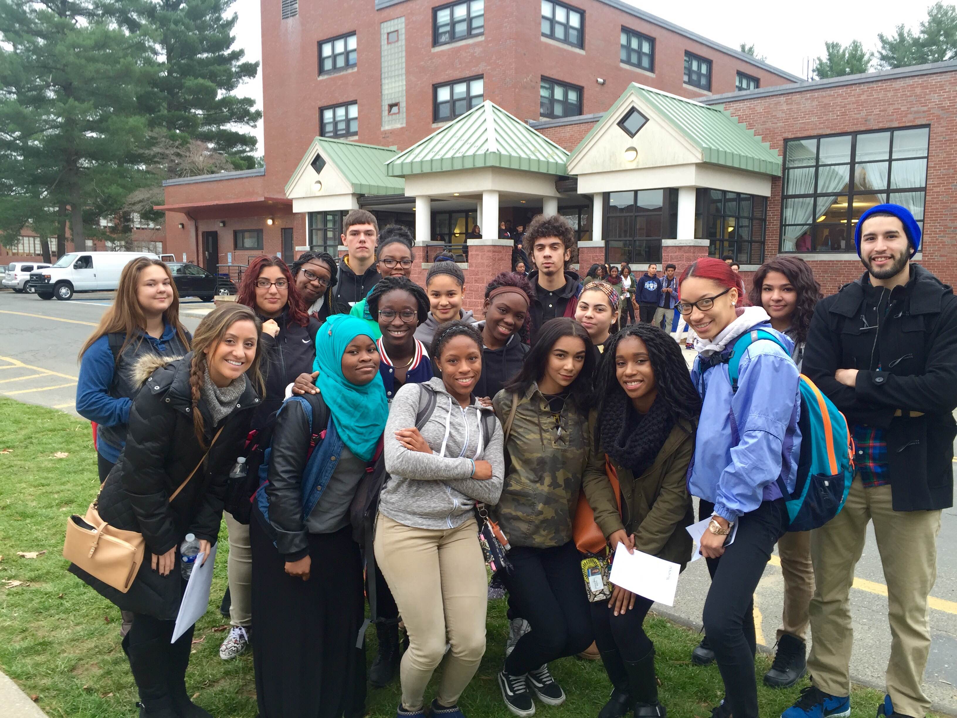 Students gather for a photo at Westfield State U