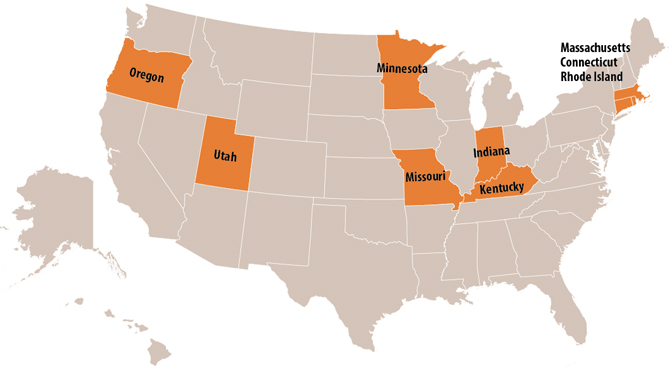 map of the united states highlighting 
Utah, Minnesota, Missouri, Indiana, Kentucky, Massachusetts, Connecticut and Rhode Island