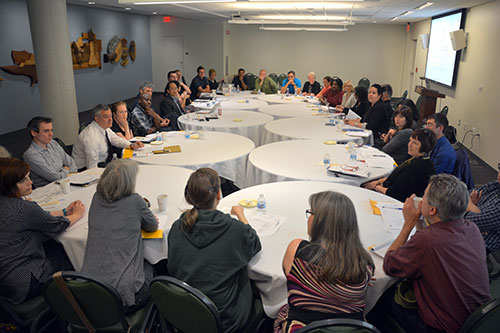 Math faculty gather at a Masstransfer pathways meeting at Fitchburg State